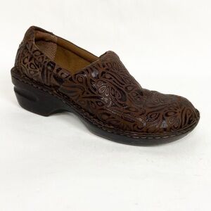 BOC Born Genuine Leather Brown Floral Print Embossed Platform Mule Slip On Clogs